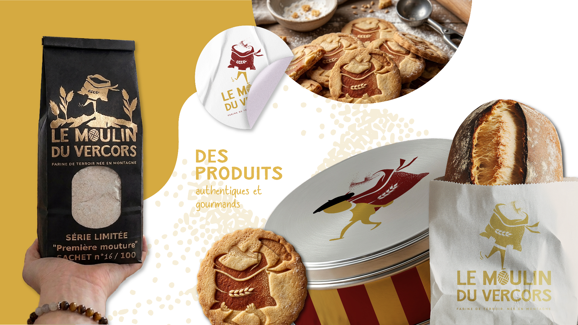 Paquet de farine, biscuits, boîte de gâteaux et stickers du Moulin du Vercors, déclinaison de la charte