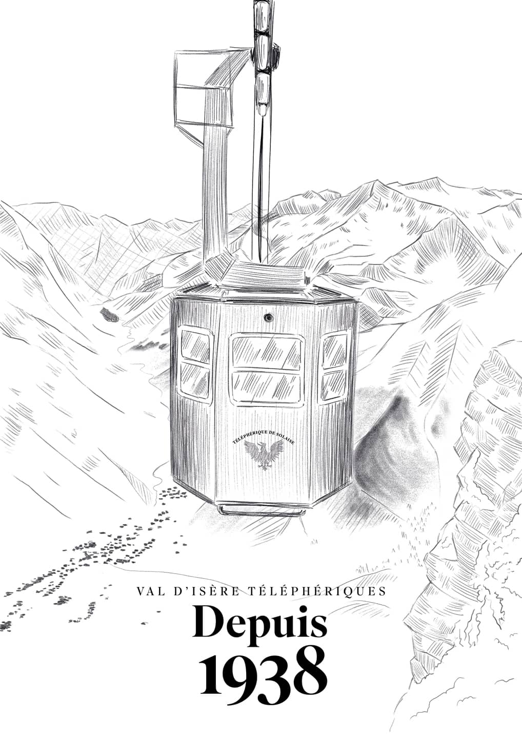 Maquette d'illustration d'affiche pour Val d'Isère Téléphériques : Depuis 1938
