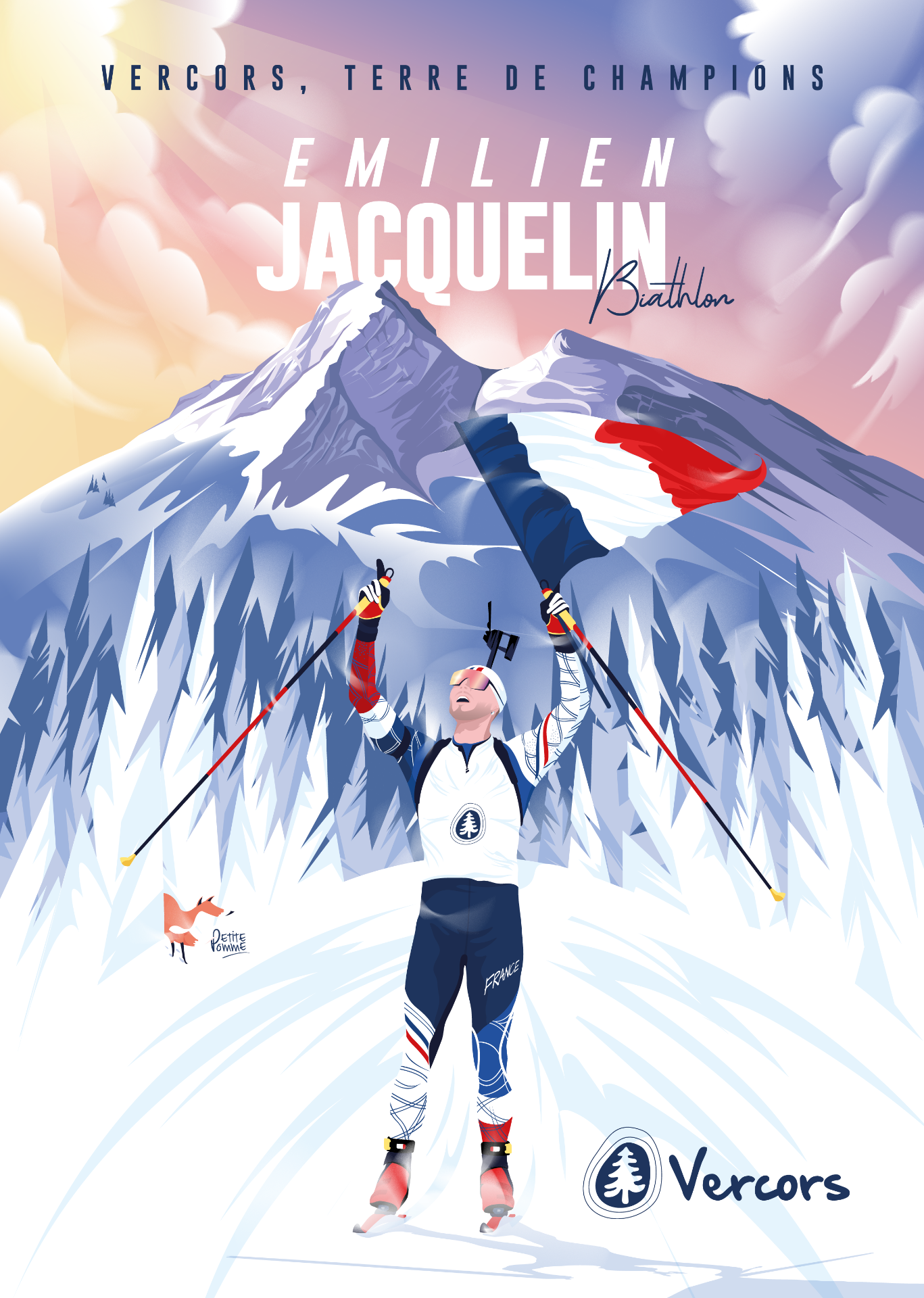 Poster illustré du biathlète médaillé olympique Emilien Jacquelin