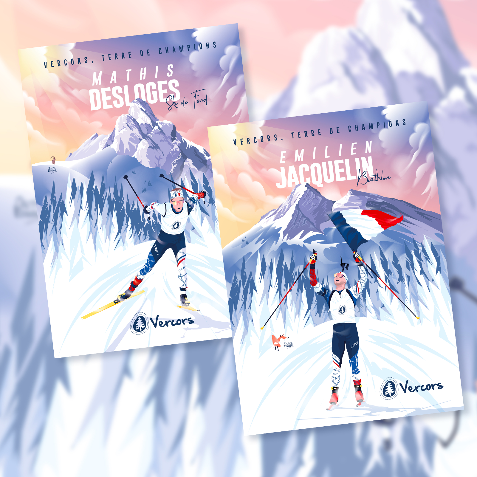 Posters illustrés de Mathis Desloges en ski de fond et Emilien Jacquelin en biathlon